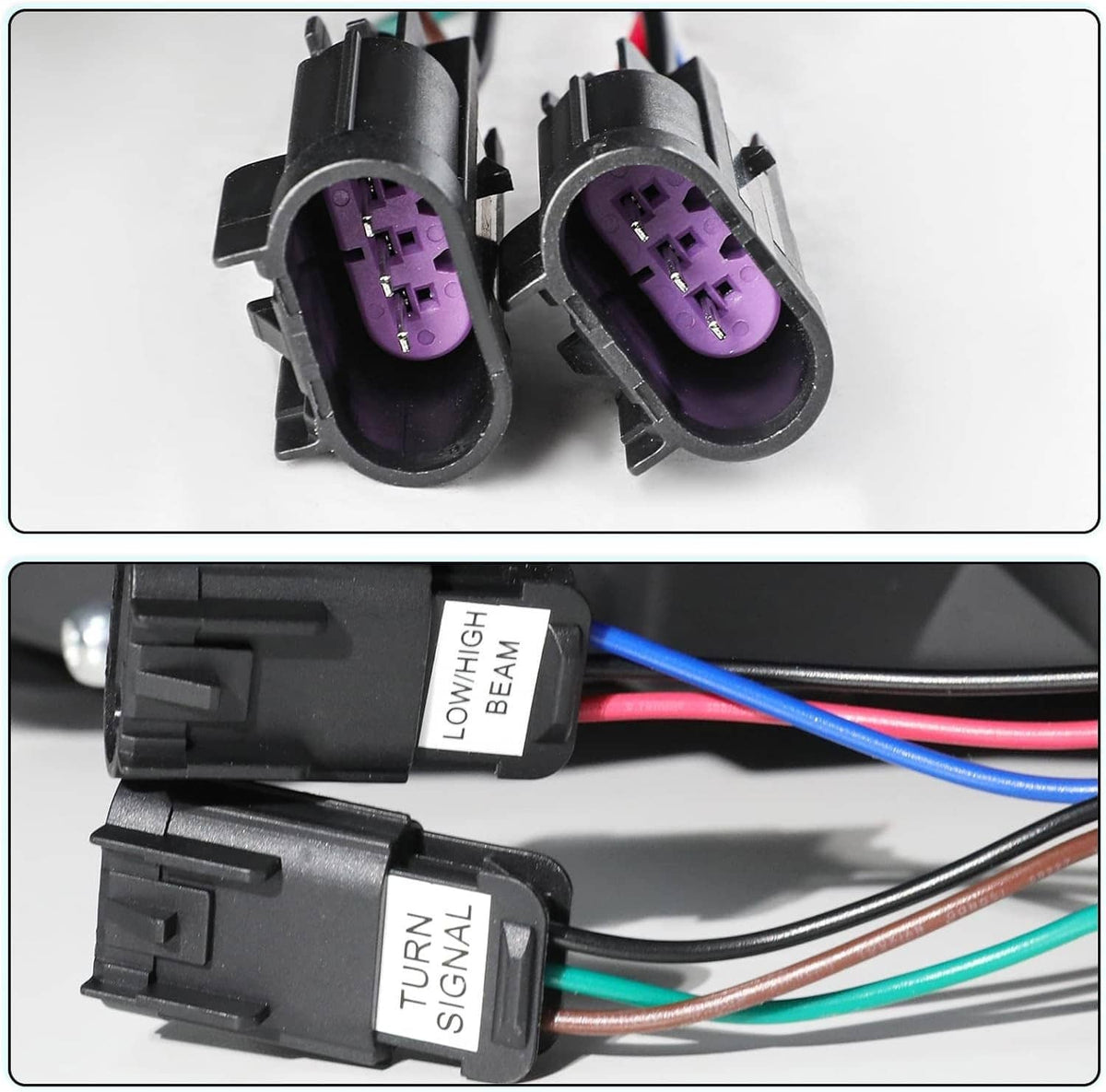 Headlight wiring connectors with purple sockets and multi-color wire terminals