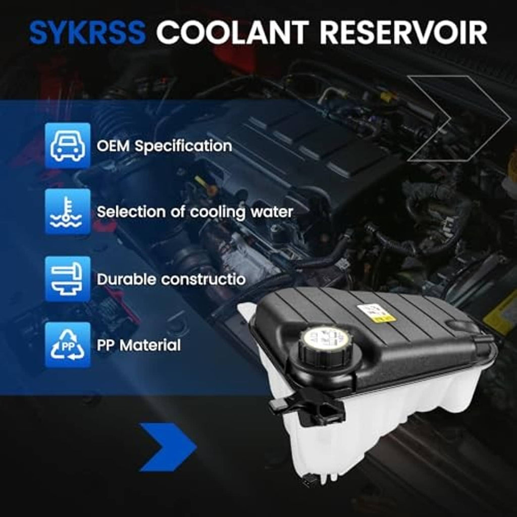 Engine coolant reservoir tank with black lid and round cap, durable construction callouts.