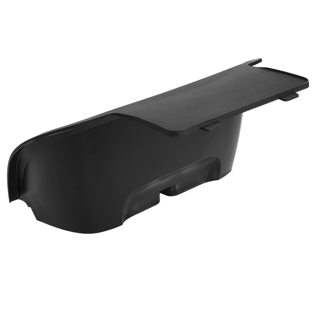 Rear bagwell cover, dark gray plastic with hinged-style edge and side mounting tabs