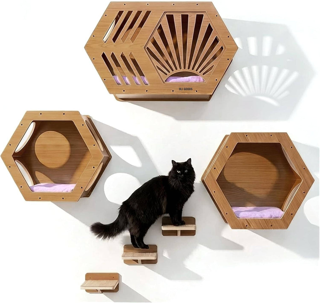 Six-piece hexagonal wood cat wall shelf set, with black cat and purple cushion