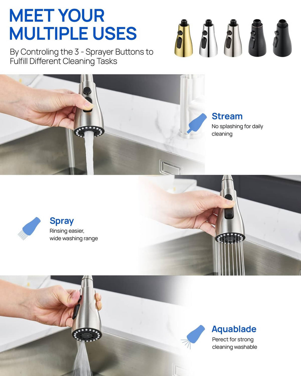 Three-spray pull-down faucet sprayer head system with selectable button controls