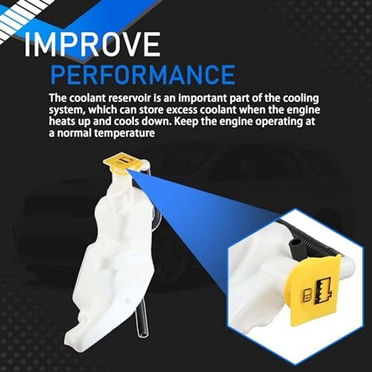 White coolant reservoir tank with yellow cap and black hose, close-up