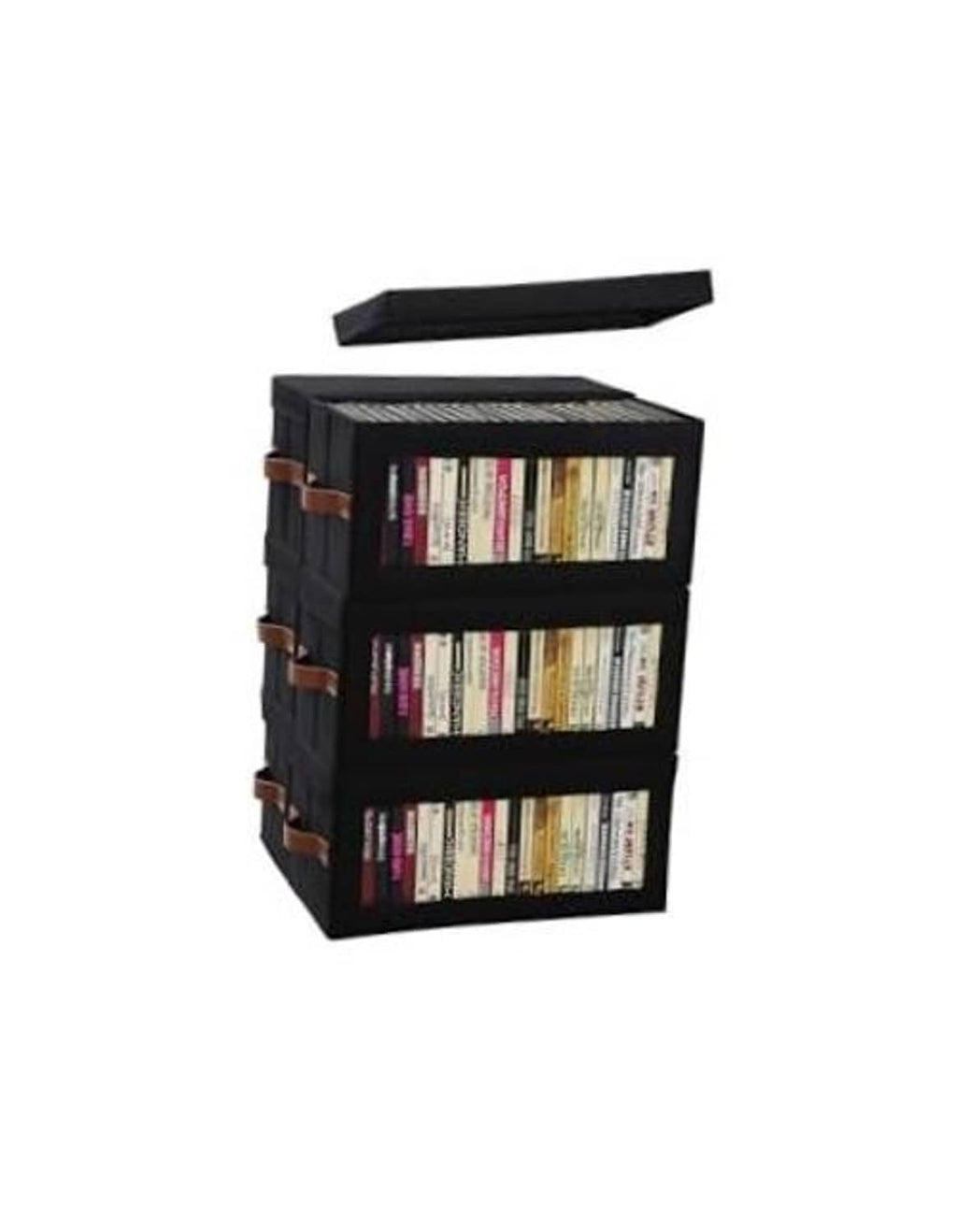 Black fabric DVD storage box with clear window and side handles, dustproof lid