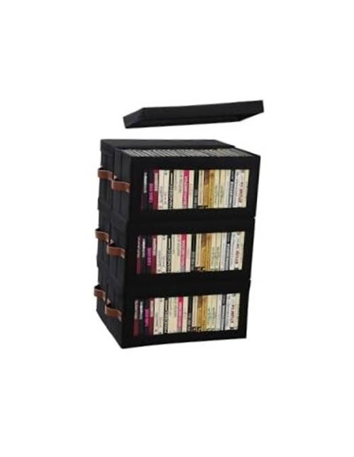 Black fabric DVD storage box with clear window and side handles, dustproof lid