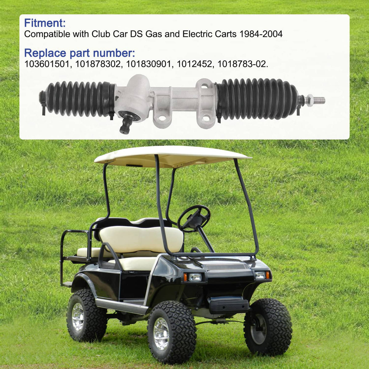 Rack-and-pinion steering gear box assembly with two ribbed black boots and hardware