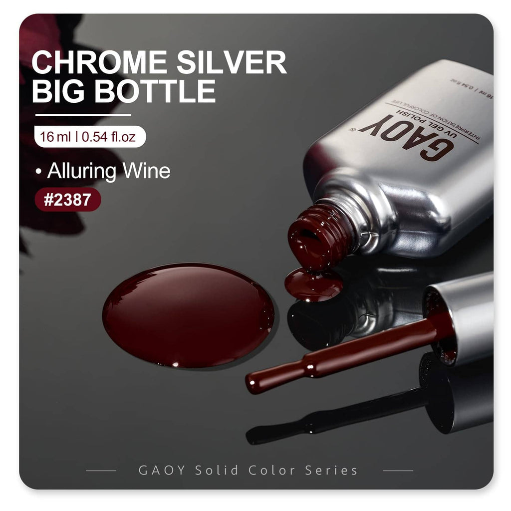 GAOY chrome silver tube gel polish with dark wine gel sample and swatch puddle.