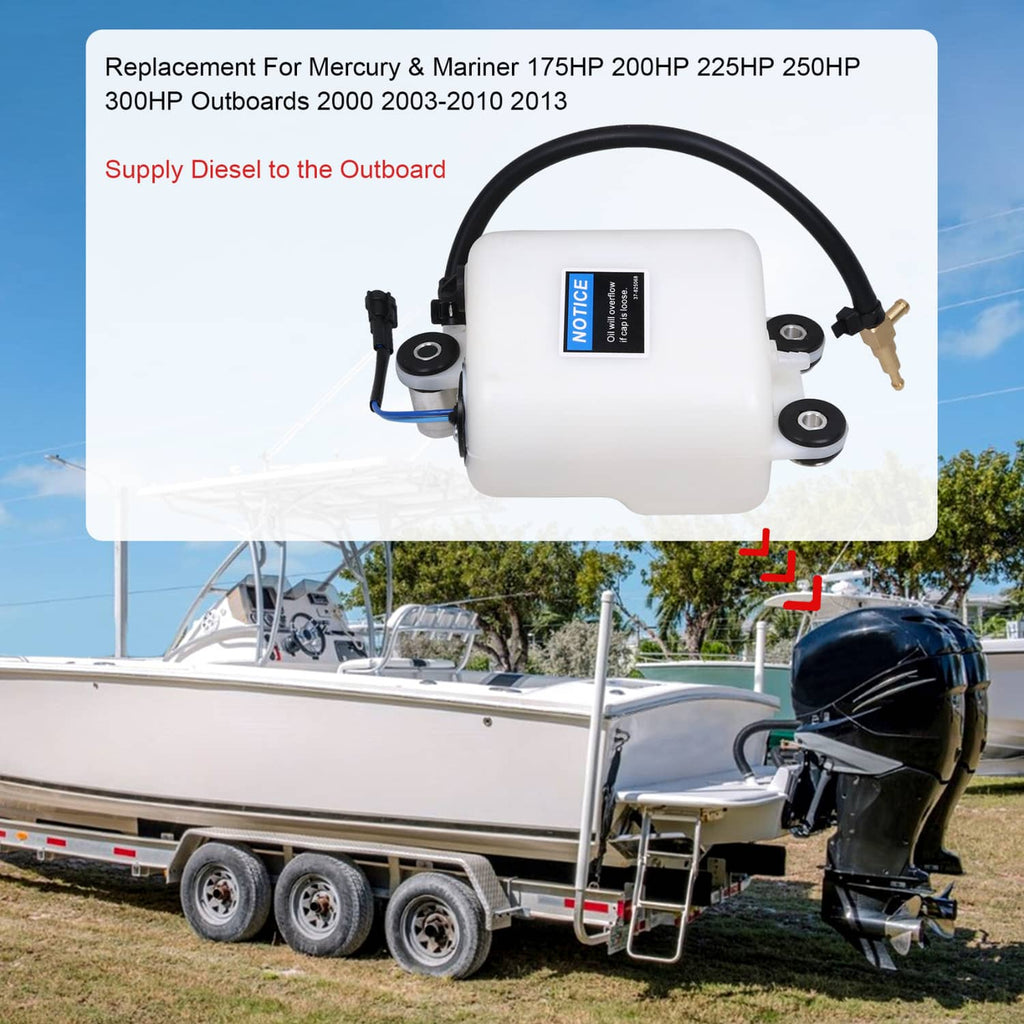 Outboard oil tank assembly with white canister, fuel line fitting, and black electrical sensor leads