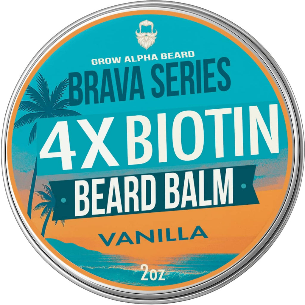Brava Series 4x biotin beard balm tin, vanilla scent, teal and orange label, 2 oz