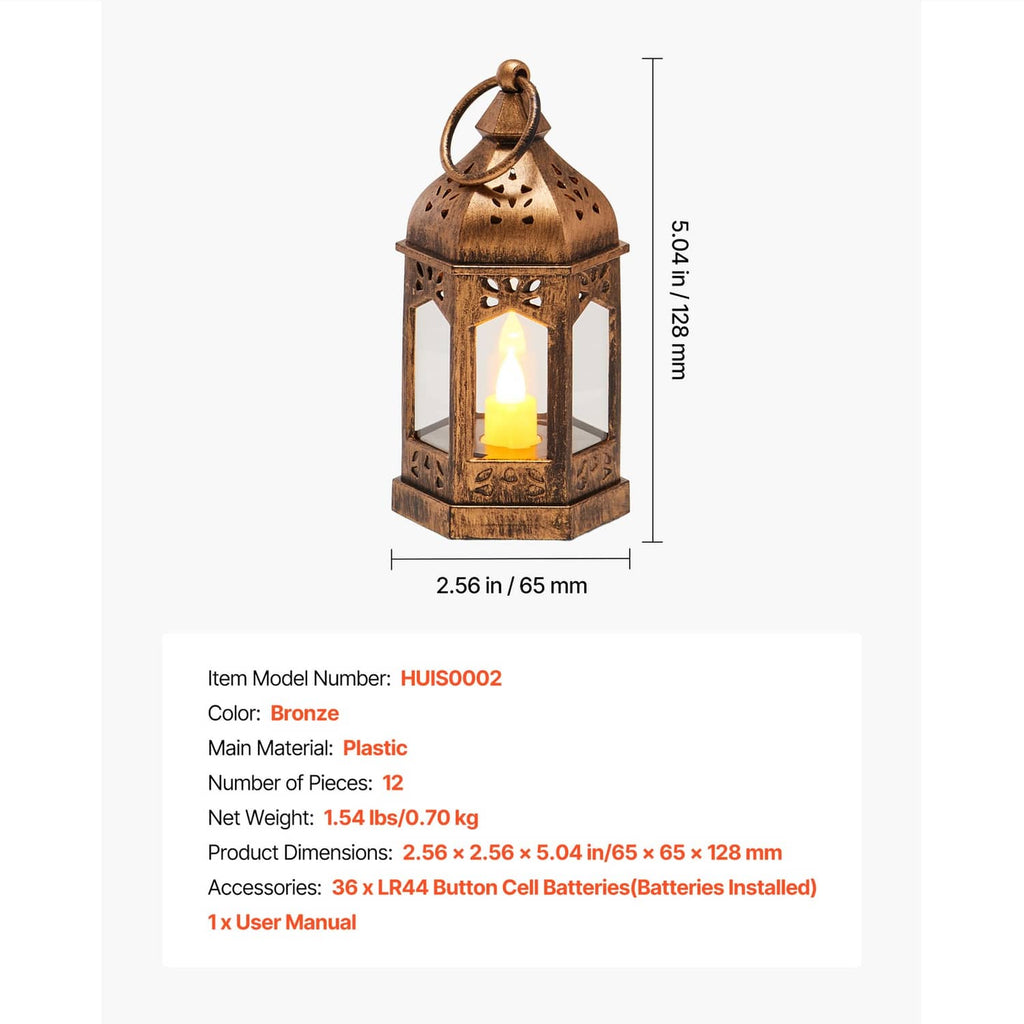 Bronze LED flameless candle lantern with hanging ring, perforated metal frame