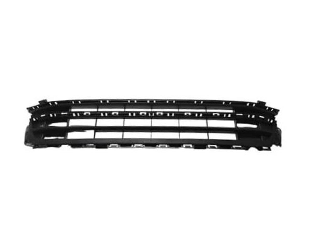 Front lower bumper grille, black plastic with horizontal slats and grid openings