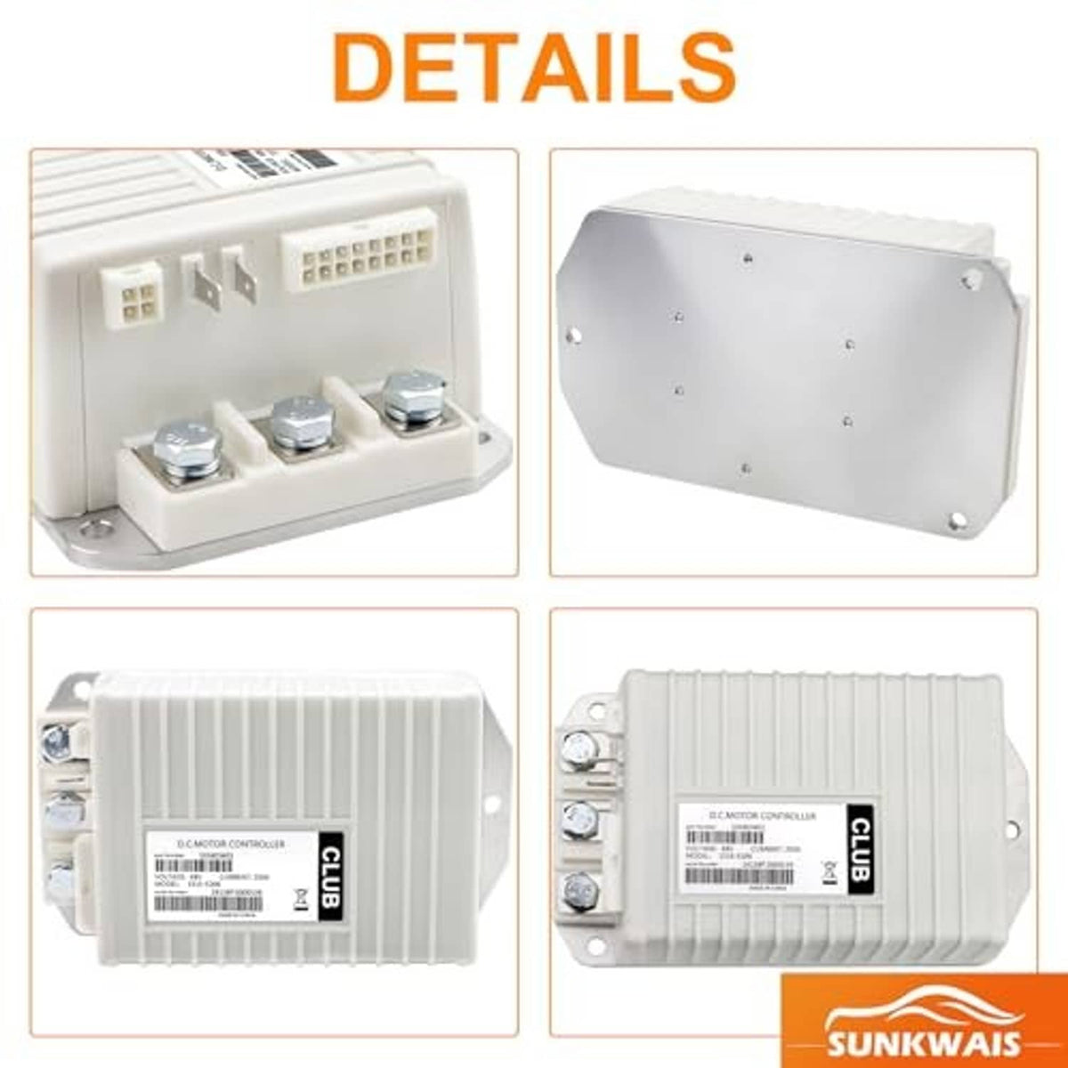 White DC motor controller details: top terminal block and side mounting face