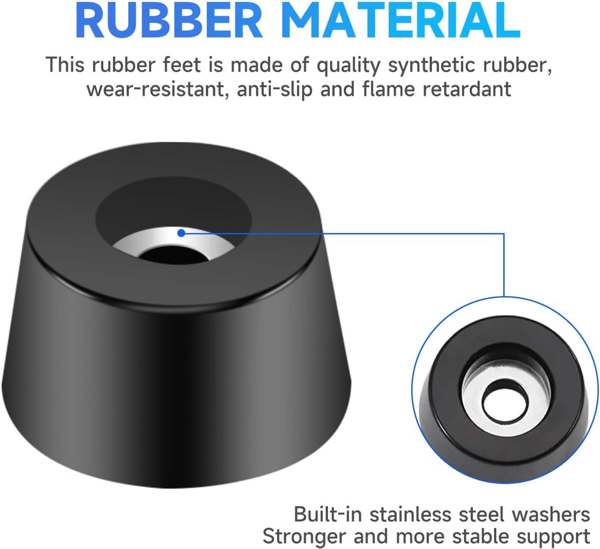 Black rubber foot with built-in stainless steel washer for anti-slip mounting