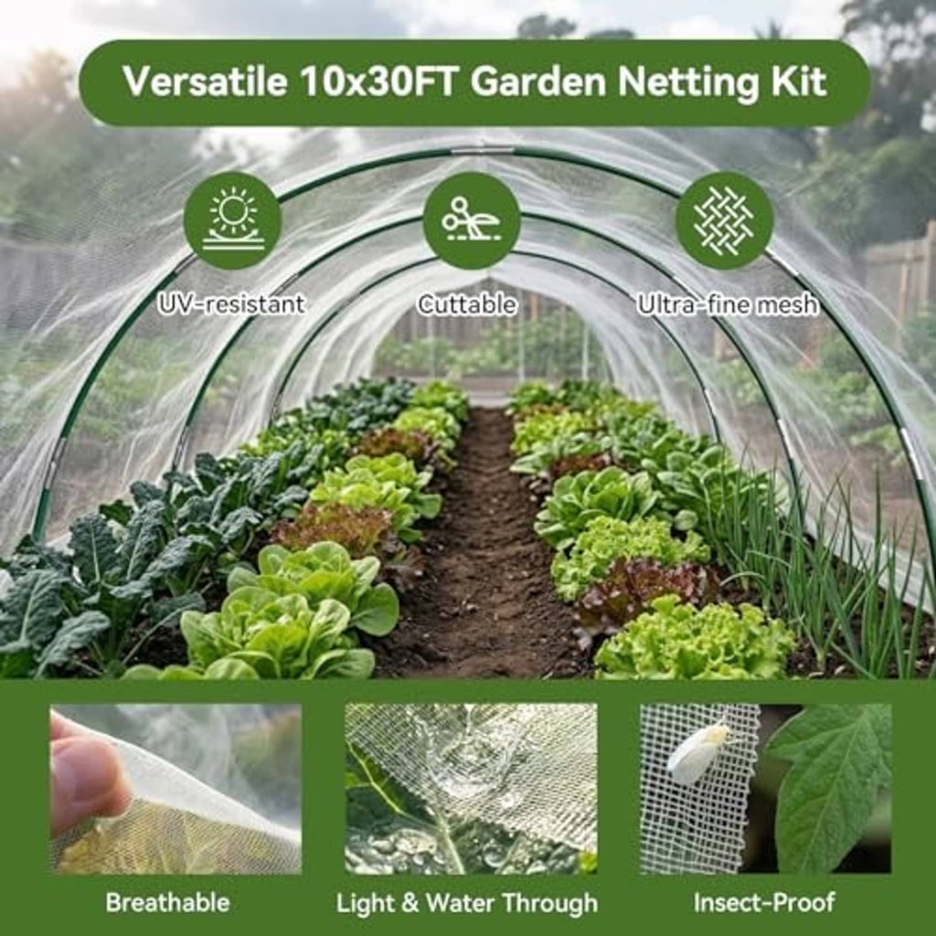 Clear ultra-fine mesh garden cover stretched over raised bed with plant rows