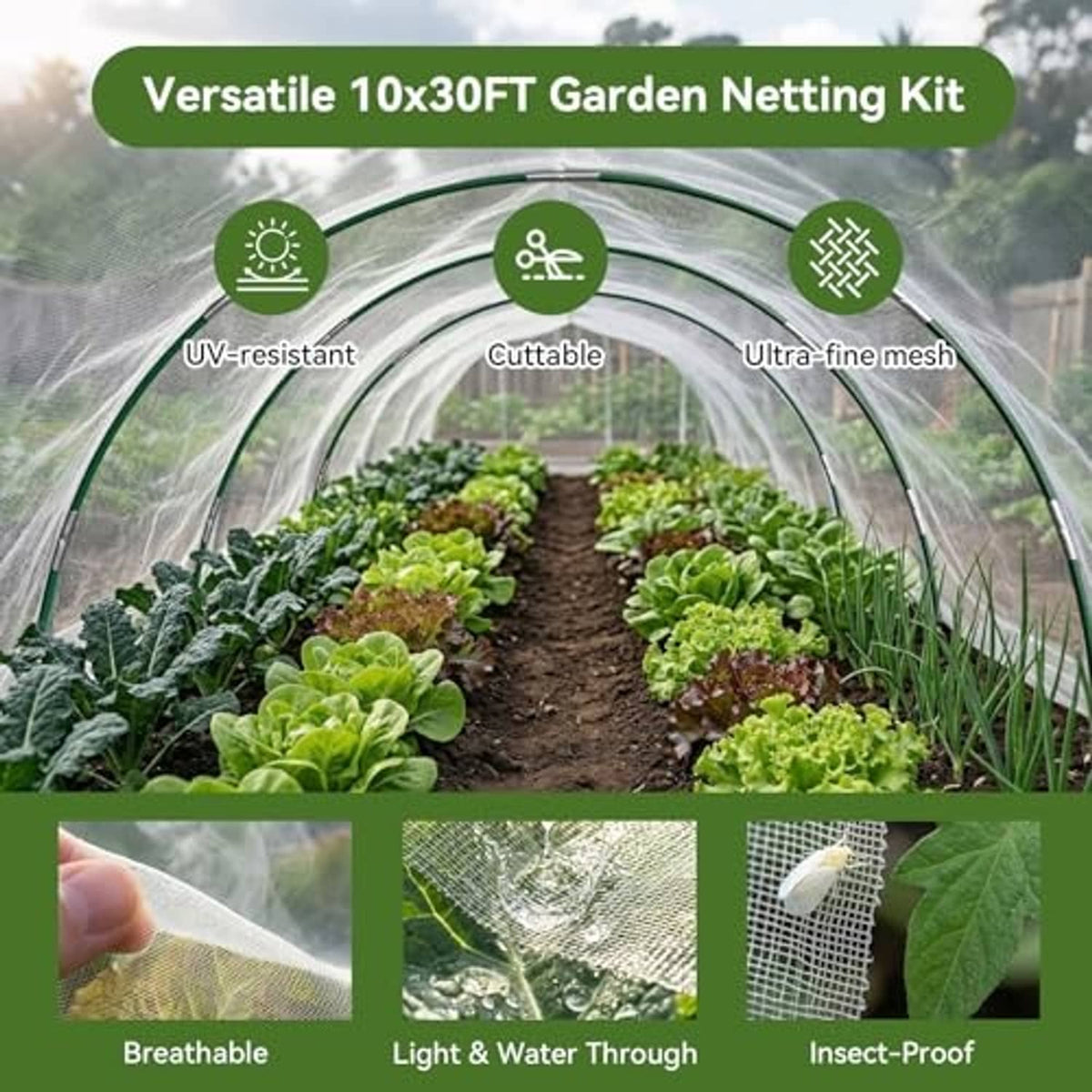Clear ultra-fine mesh garden cover stretched over raised bed with plant rows