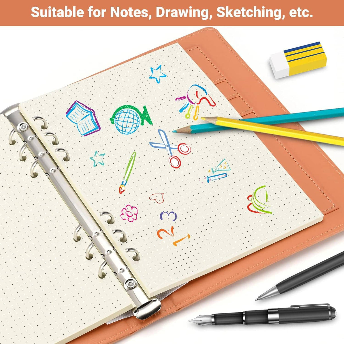 A5 dot grid paper refill with 6-hole punch, white dotted pages in orange cover
