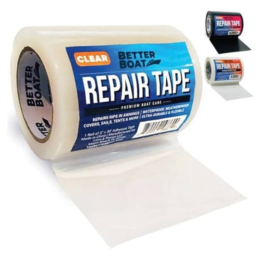 Clear repair tape roll with white backing, labeled Better Boat Repair Tape, waterproof patch.