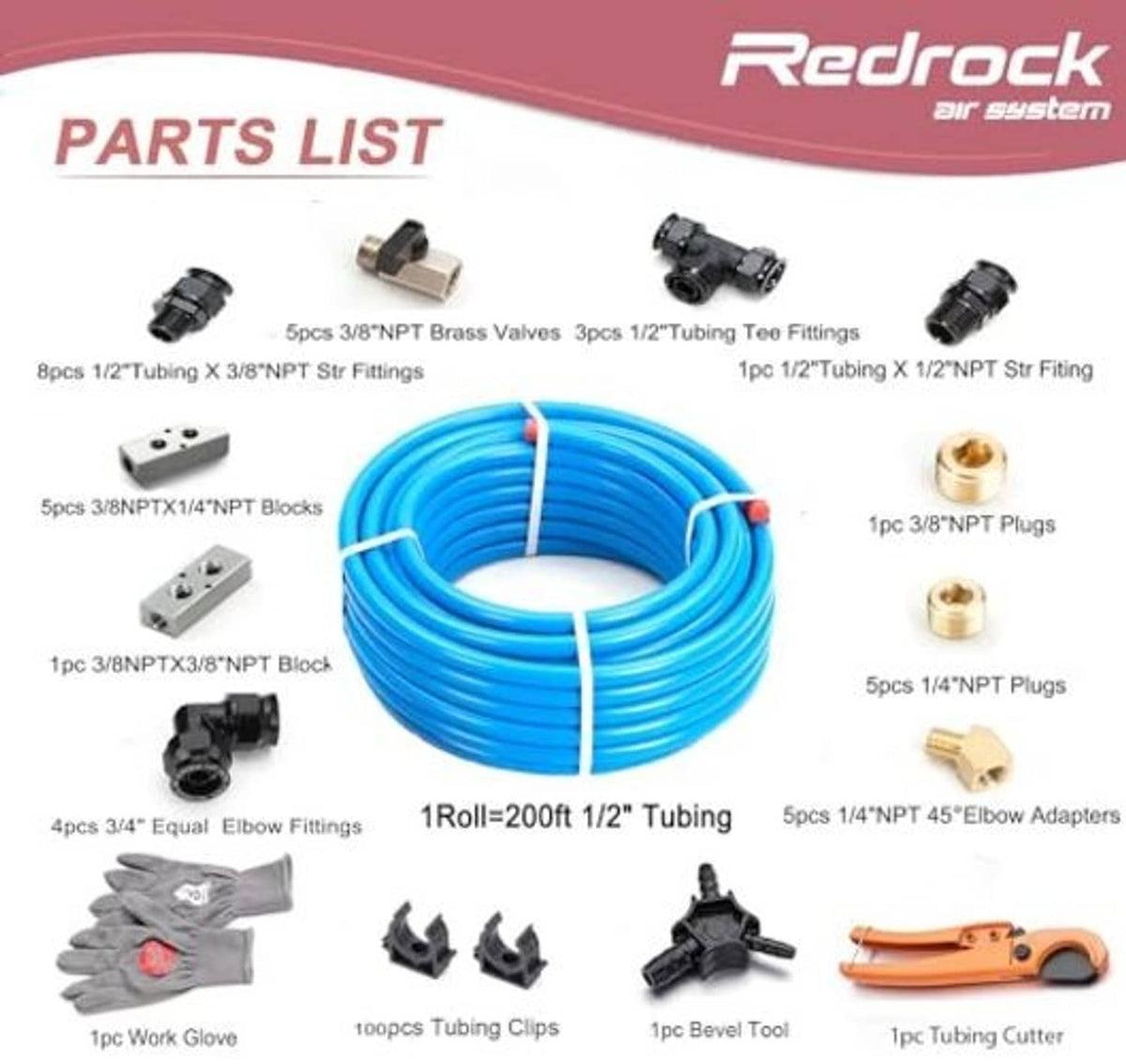 Air line kit contents: blue tubing coil with multiple fittings, blocks, elbow parts, and tools