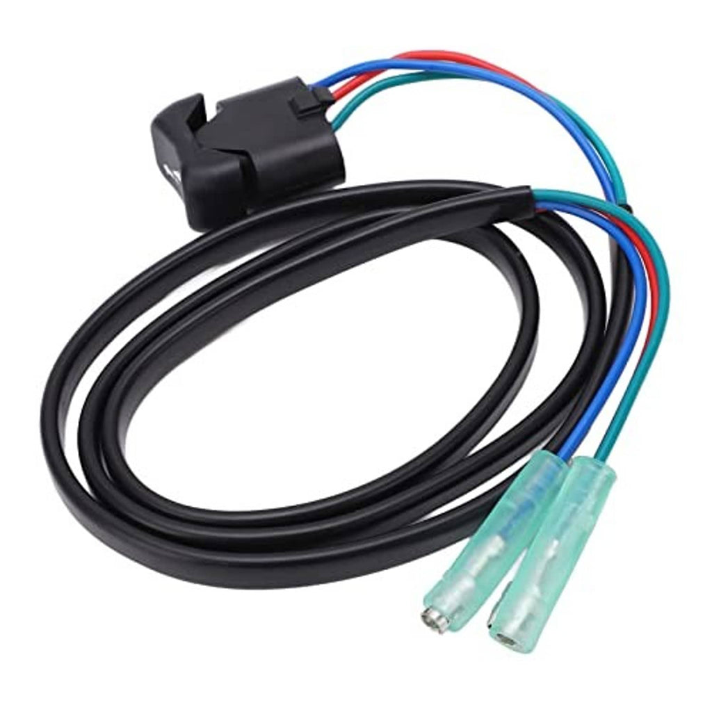 Boat trim tilt switch wiring harness with black connector, bundled cables and turquoise end terminals