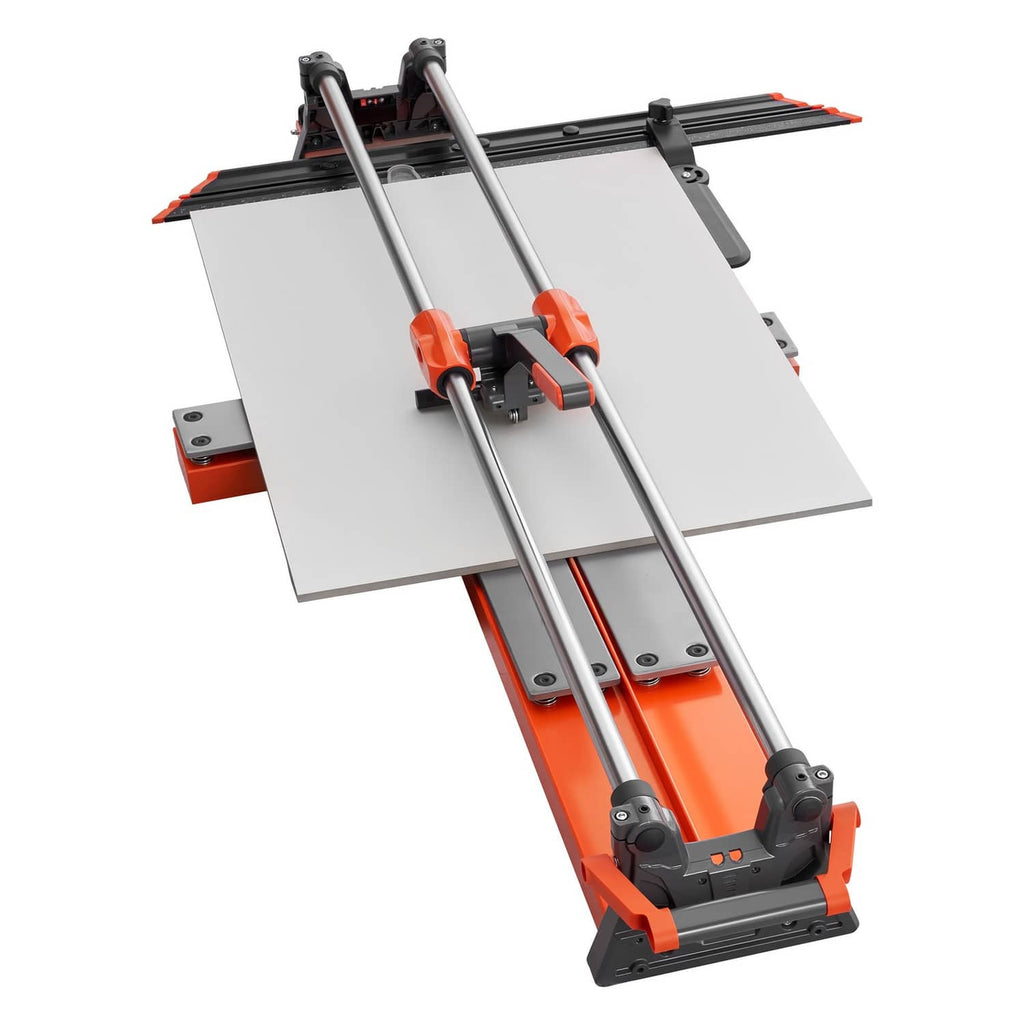 Manual tile cutter with two tile supports, orange base, and sliding scoring head