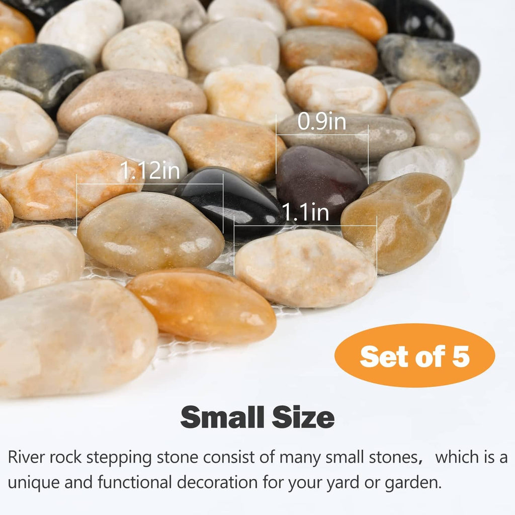 Close-up river rock stepping stone with smooth pebbles in beige, white, gray, black