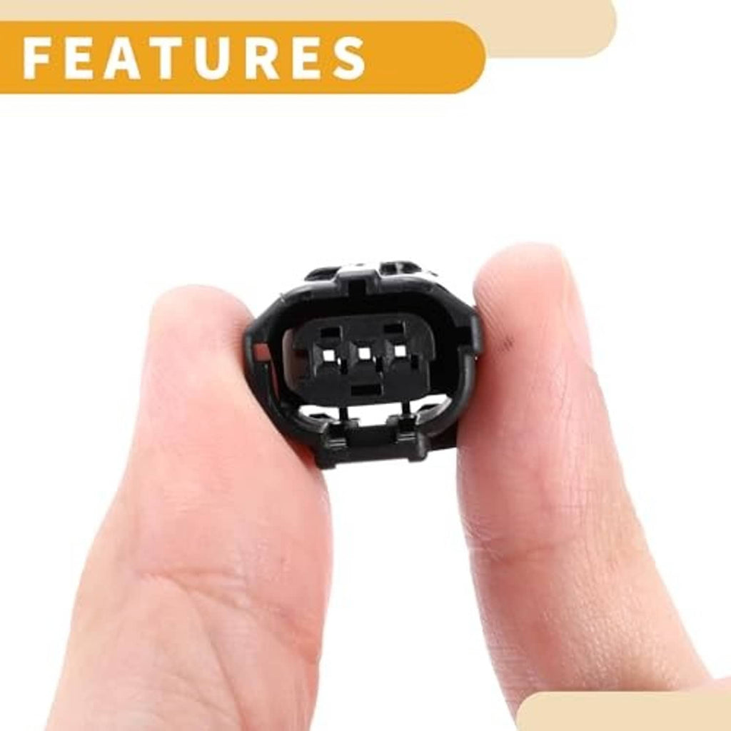 Camshaft sensor connector plug held in hand, 3-pin socket with metal contact slots