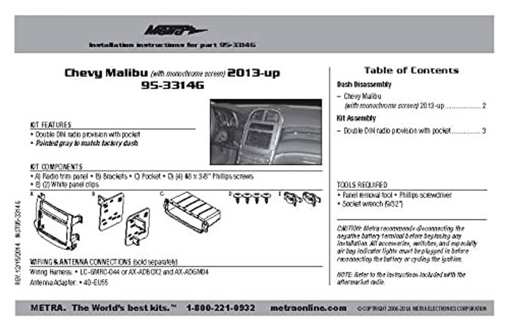 Double DIN dash kit installation instructions with features and parts diagram