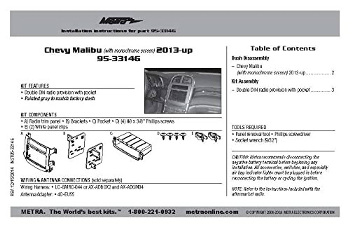 Double DIN dash kit installation instructions with features and parts diagram