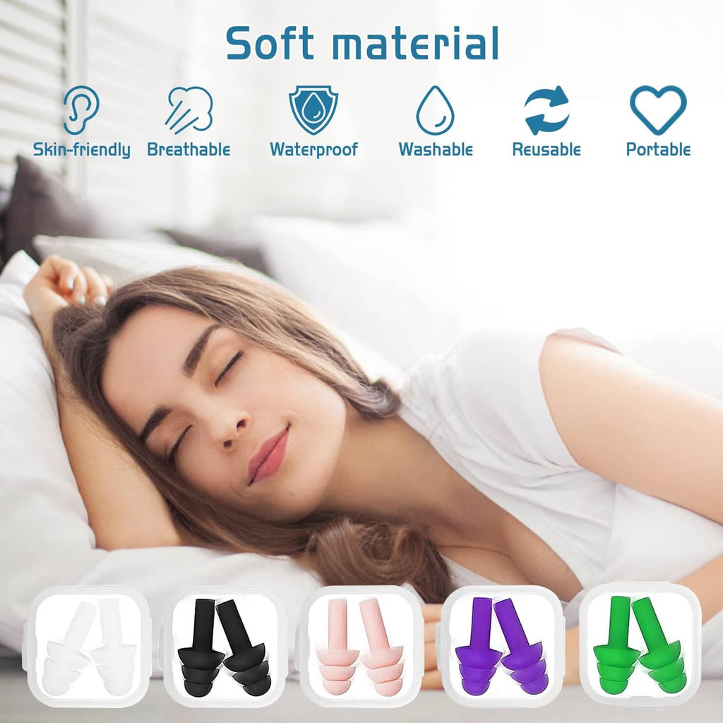 Colorful earplug pairs in white case: black, pink, purple, and green