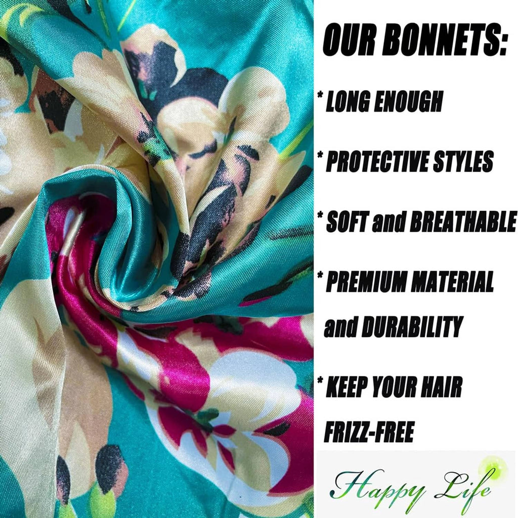 Floral satin sleep bonnet fabric in teal, protective soft hair covering.