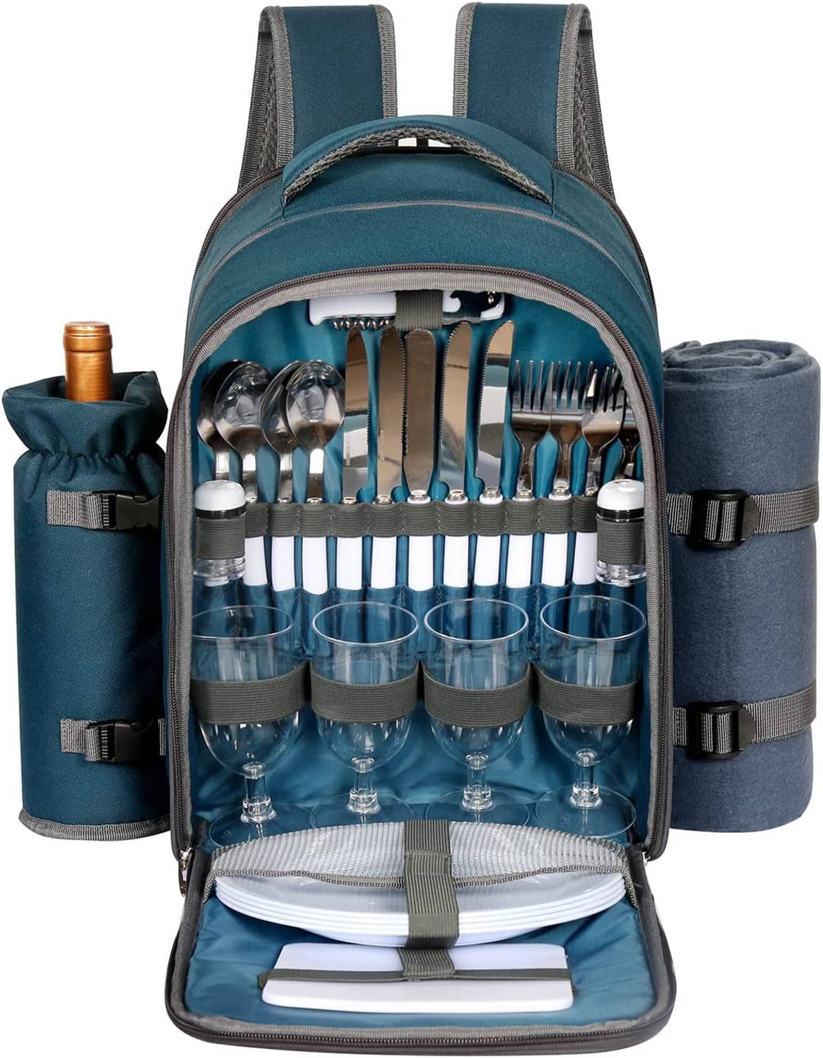 Teal picnic backpack open with metal cutlery and row of wine glasses in front