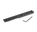 Black Picatinny rail scope mount with integrated mounting slots and hex key