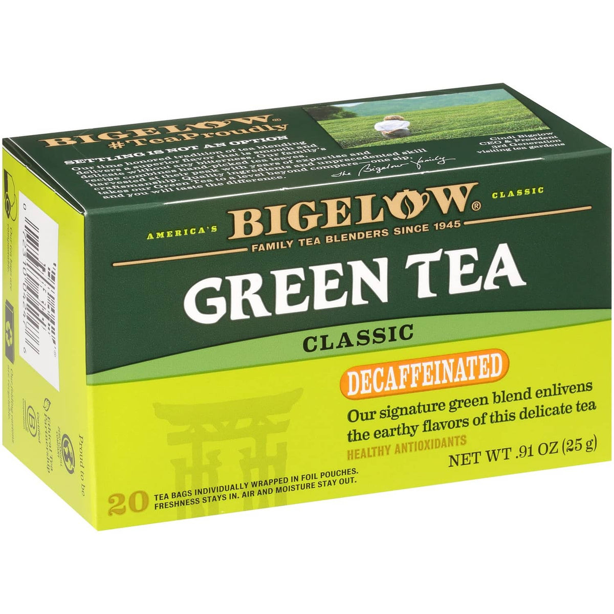 Bigelow decaffeinated green tea box with foil-wrapped tea pouches