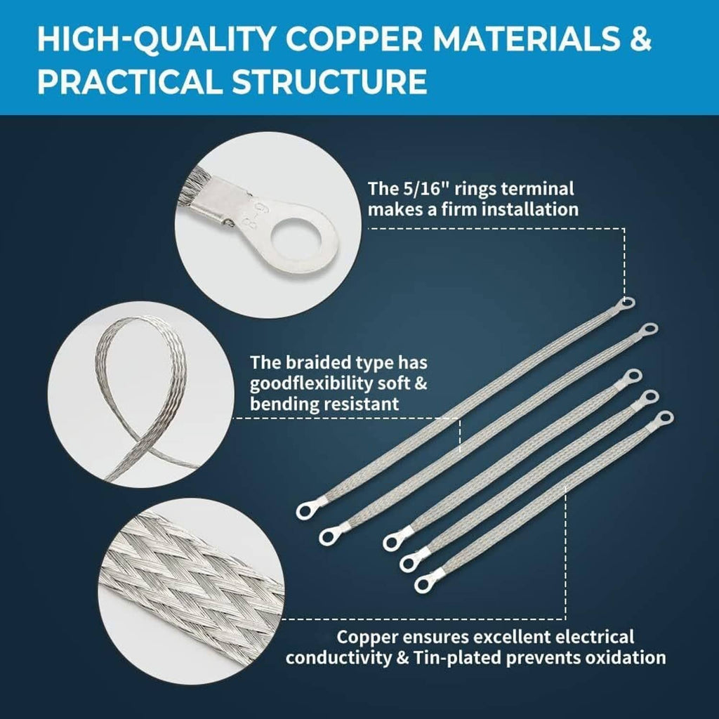 Braided copper ground straps with ring terminals and tinned ends