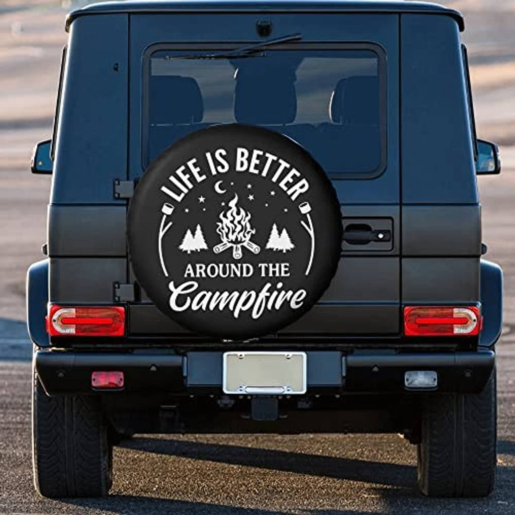 Black spare tire cover with white campfire graphic and “Life is Better Around the Campfire”