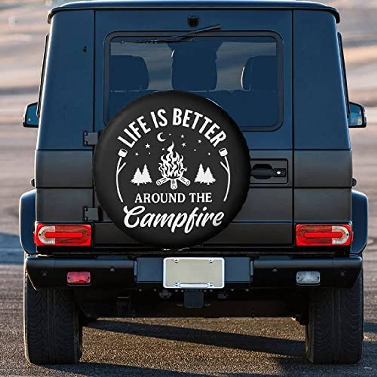 Black spare tire cover with white campfire graphic and “Life is Better Around the Campfire”