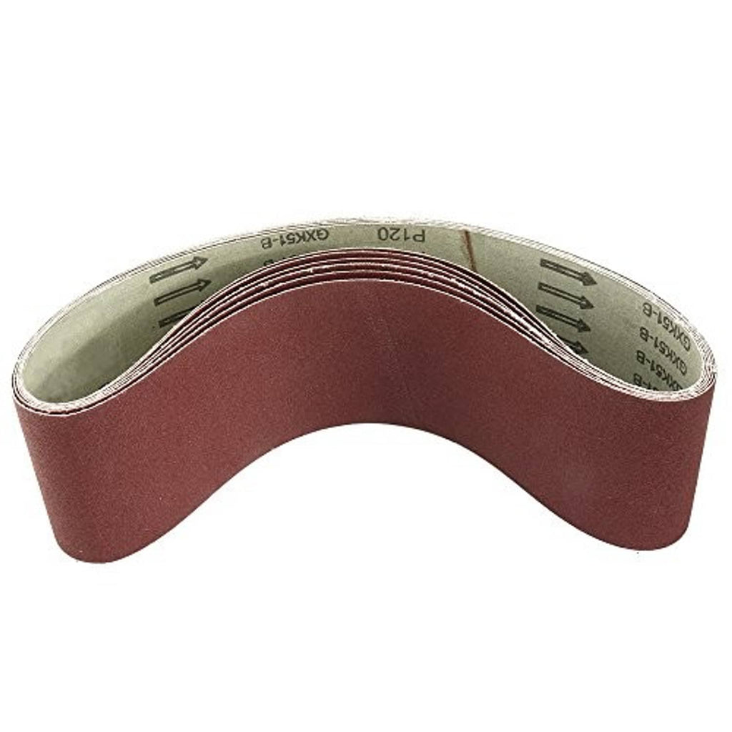 Curved maroon sanding belt with printed grit numbers along the edge
