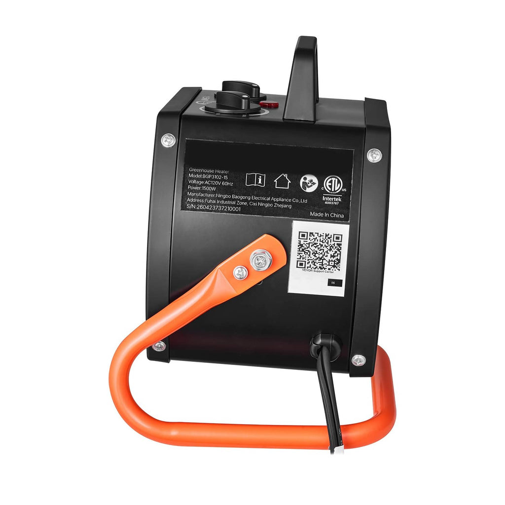 Electric greenhouse heater, black housing with orange base and control panel, carry handle