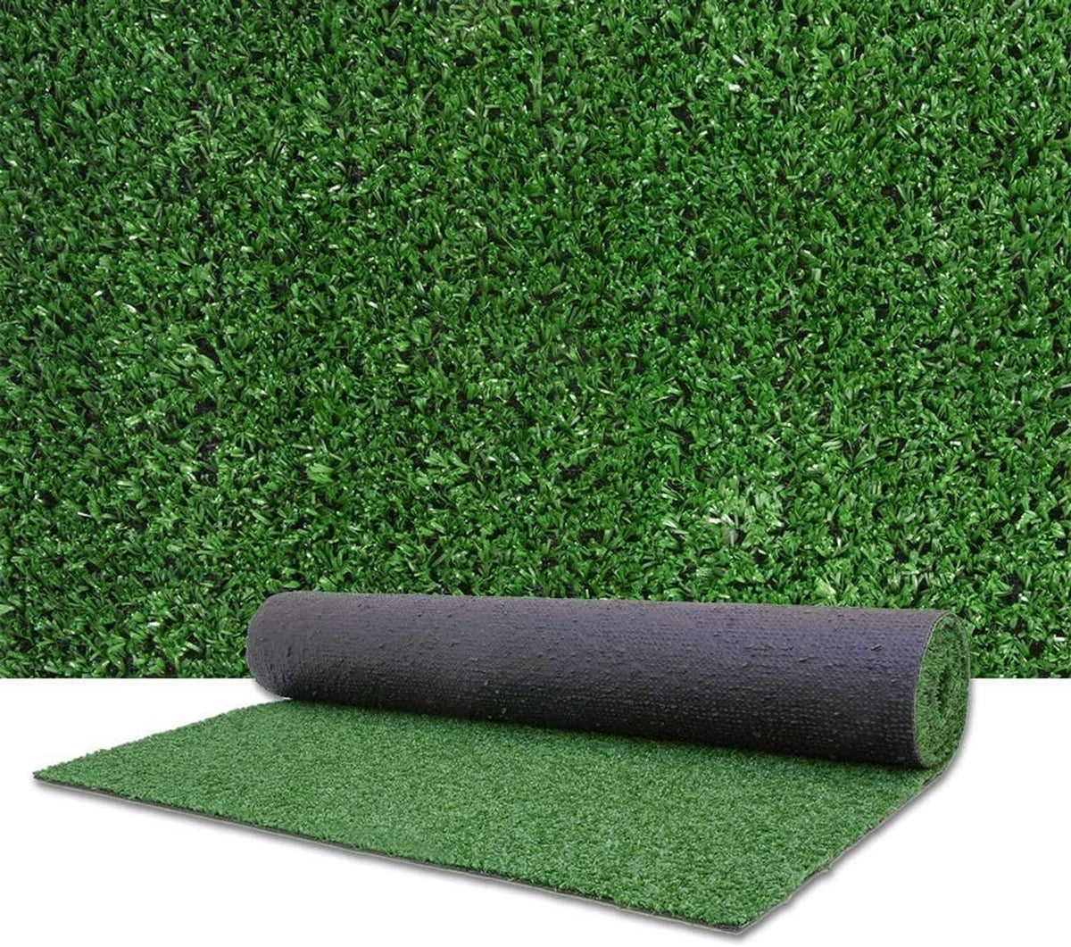 Green artificial grass turf roll with dark backing, laid flat on white surface