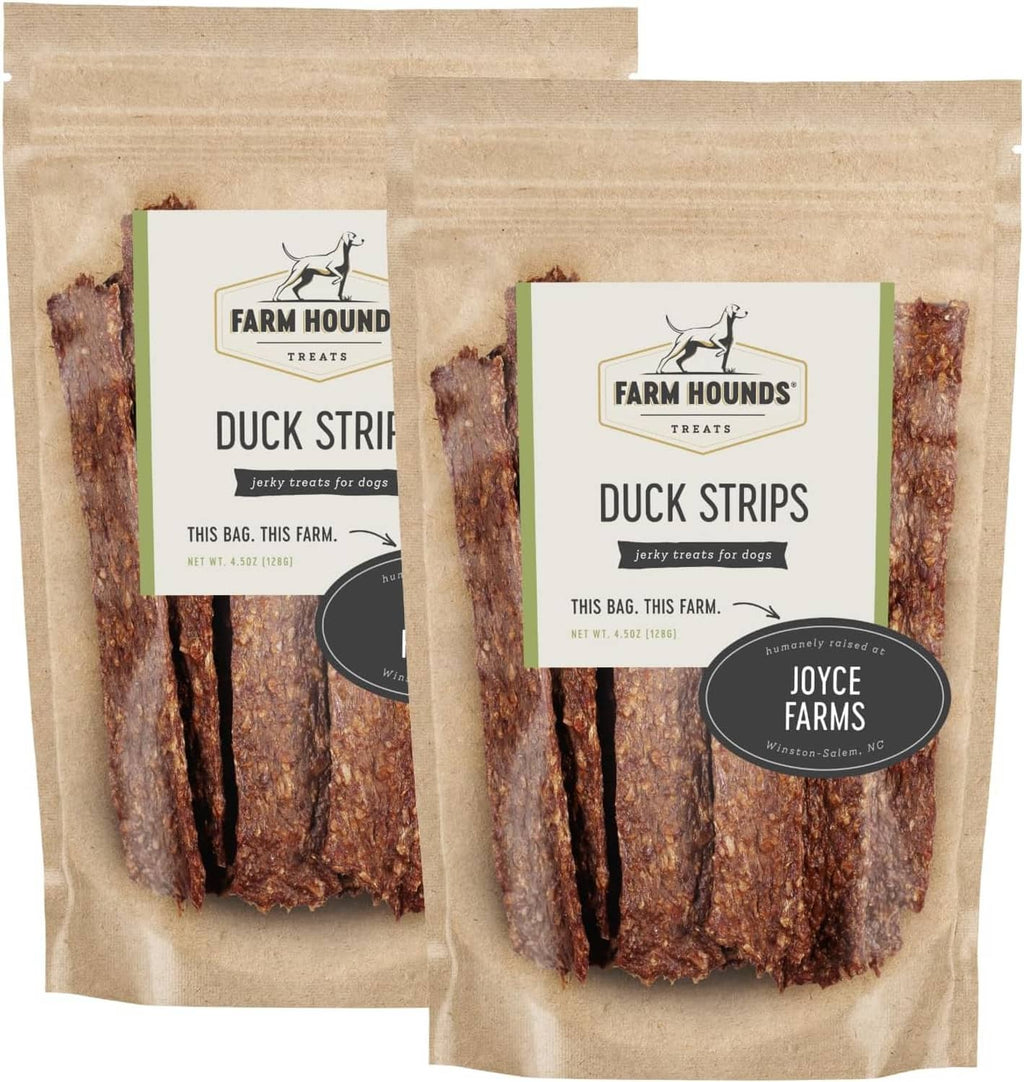 Duck jerky strips in two kraft paper pouches with Farm Hounds labels