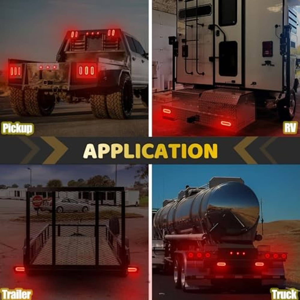 Red LED trailer lights shown installed at the rear of a vehicle