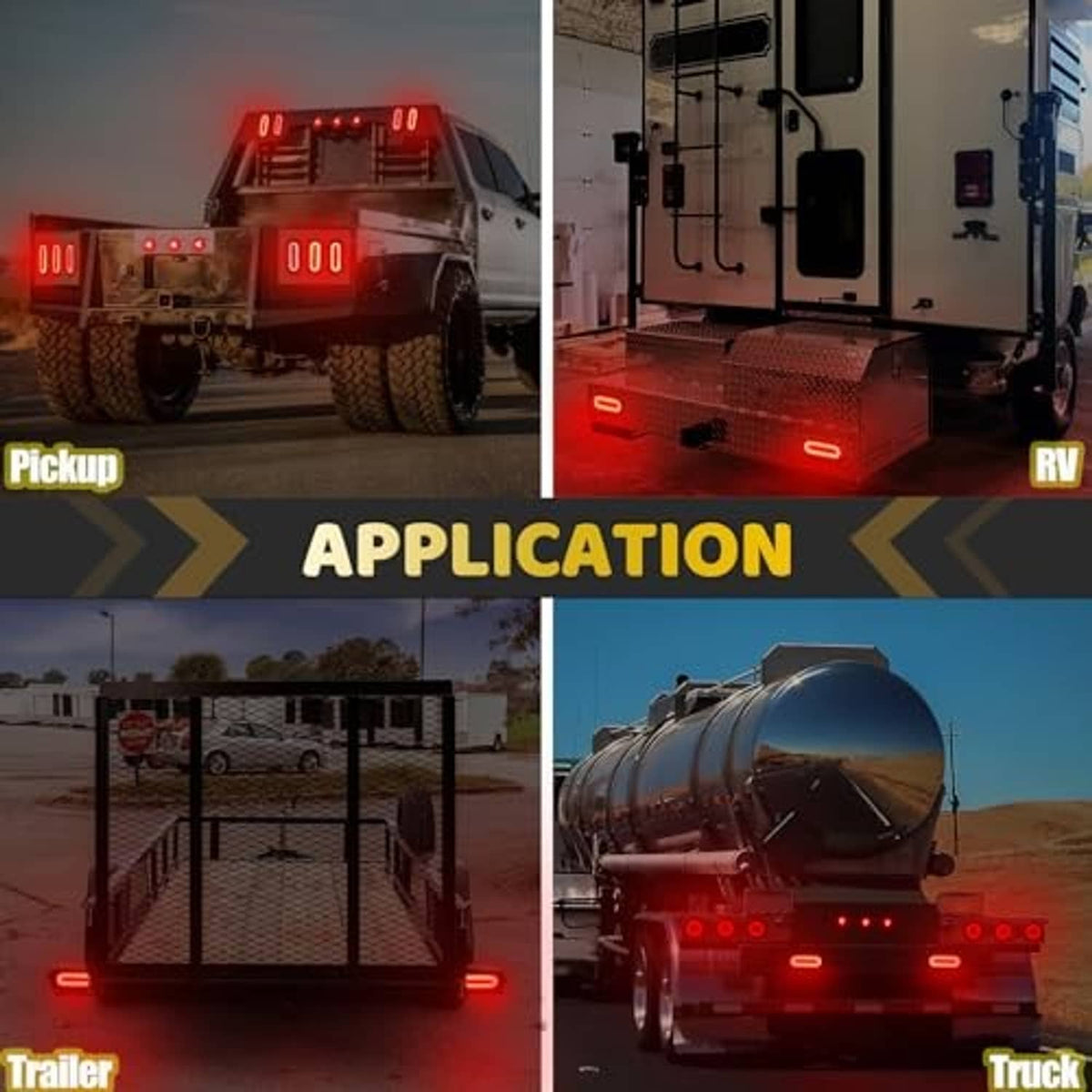 Red LED trailer lights shown installed at the rear of a vehicle
