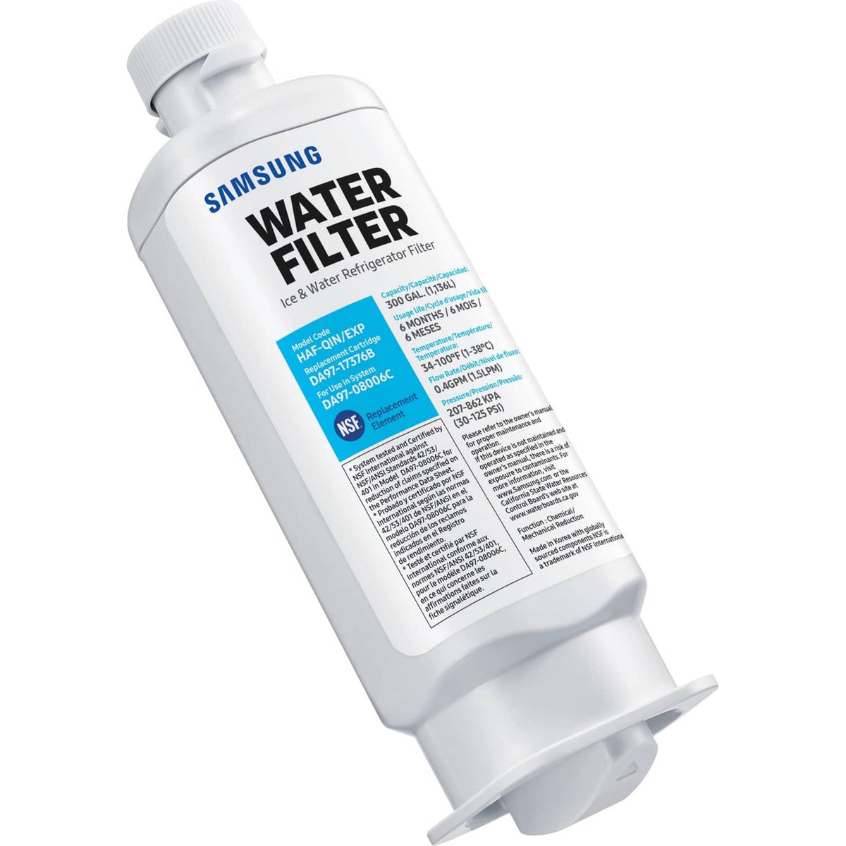 Samsung fridge water filter cartridge, white plastic with fittings