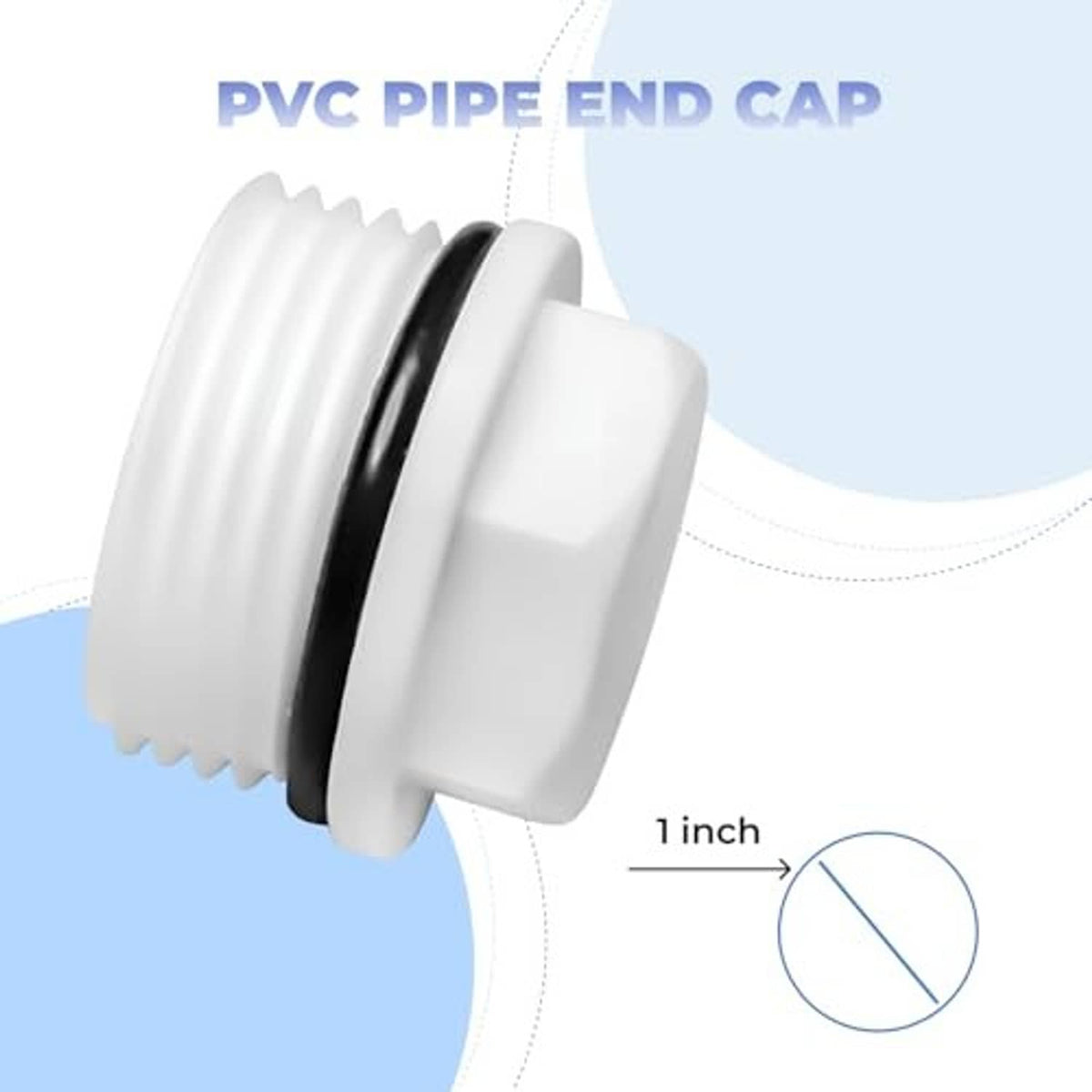 White PVC pipe end cap with ribbed edge and black sealing ring