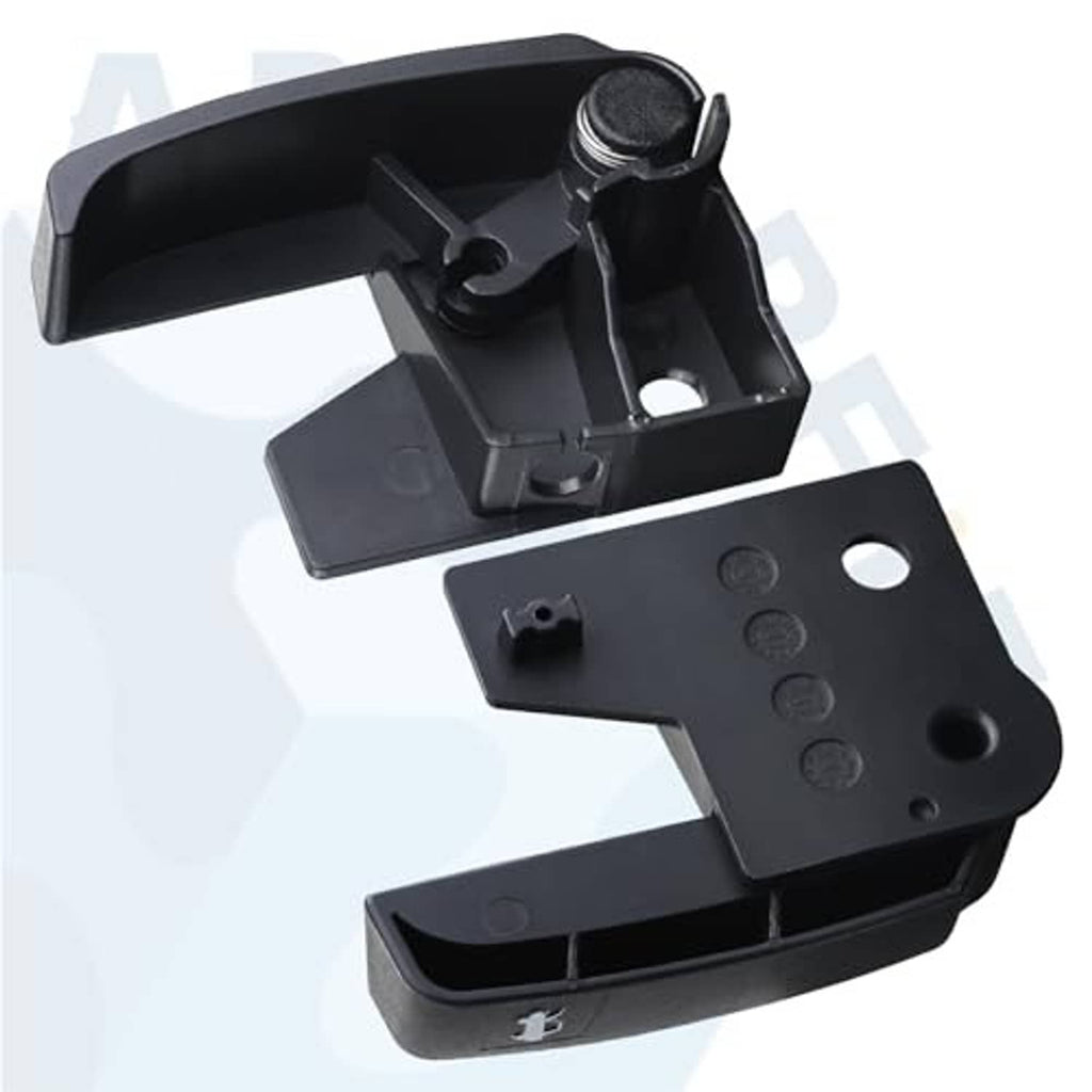 Black hood release handle lever housing with threaded stud and mounting plate, plastic