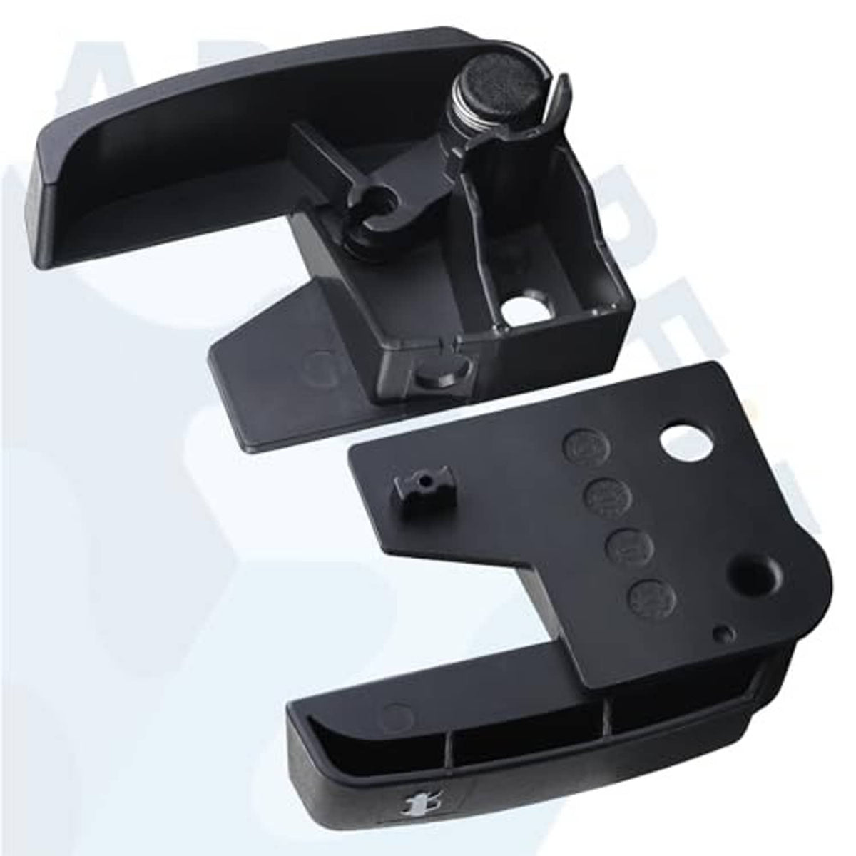 Black hood release handle lever housing with threaded stud and mounting plate, plastic