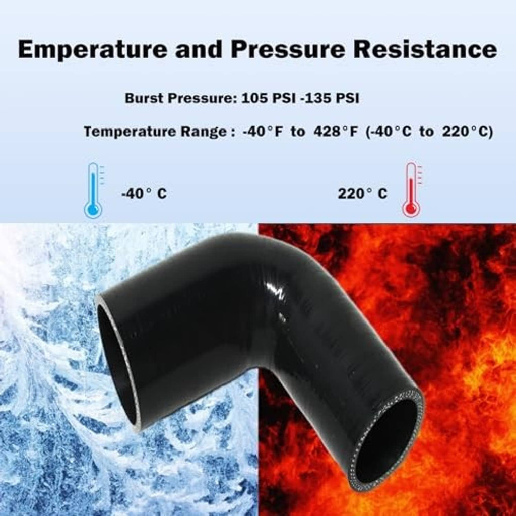 Black 90-degree silicone elbow reducer hose, glossy finish with two open ends