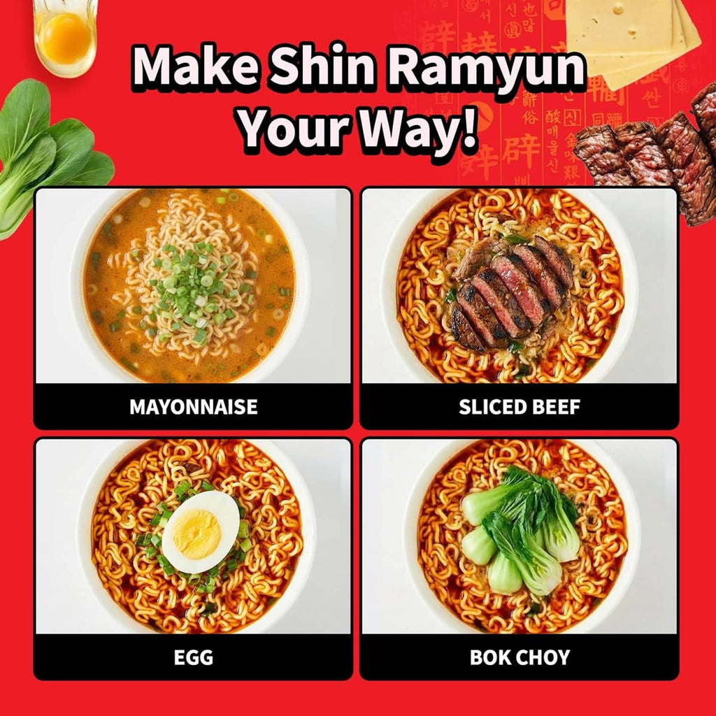 Spicy ramen noodle bowls with egg, bok choy, and sliced beef toppings