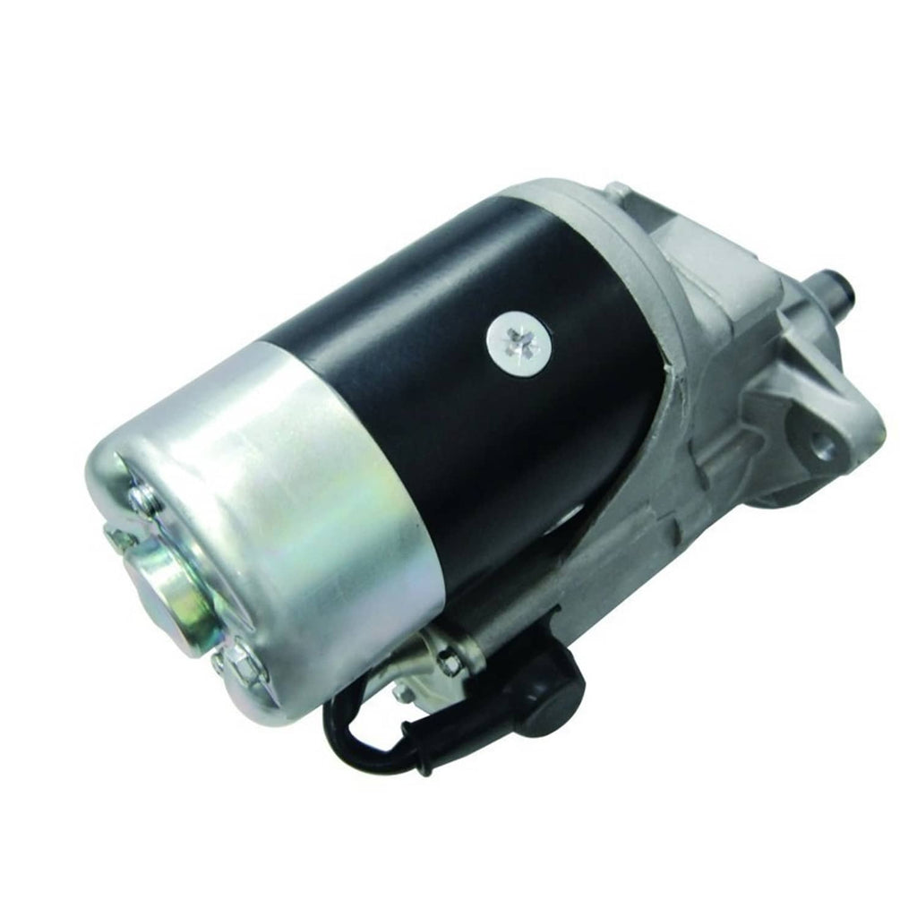 Starter motor close side view with silver end cap, black band, and lead connections