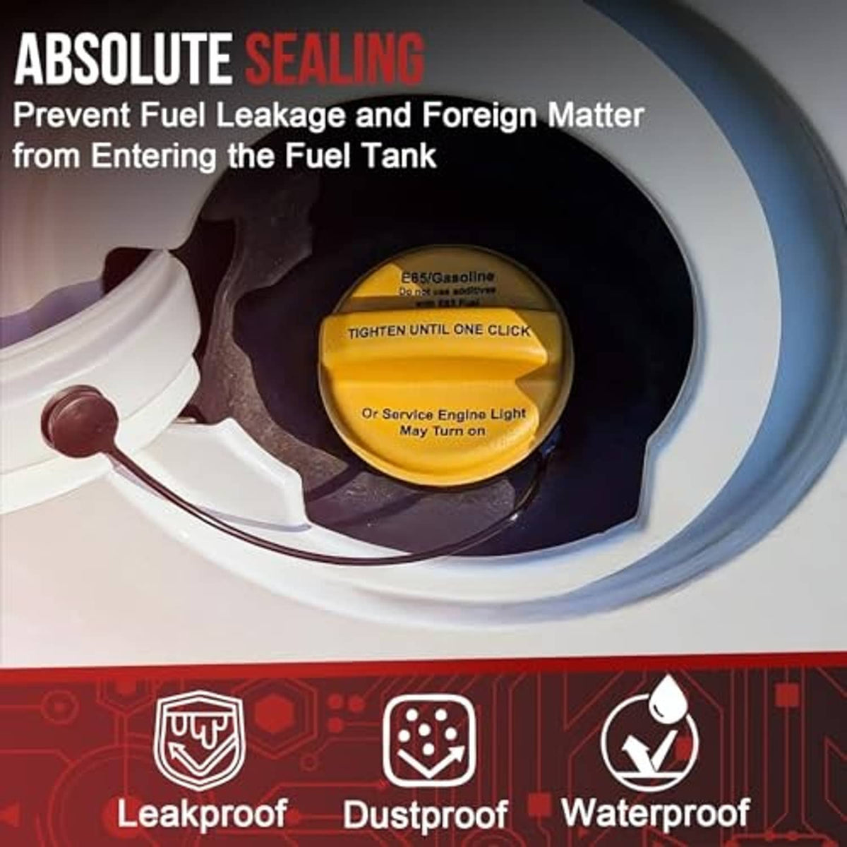 Yellow fuel cap seated in fuel tank opening, with tethered sealing design