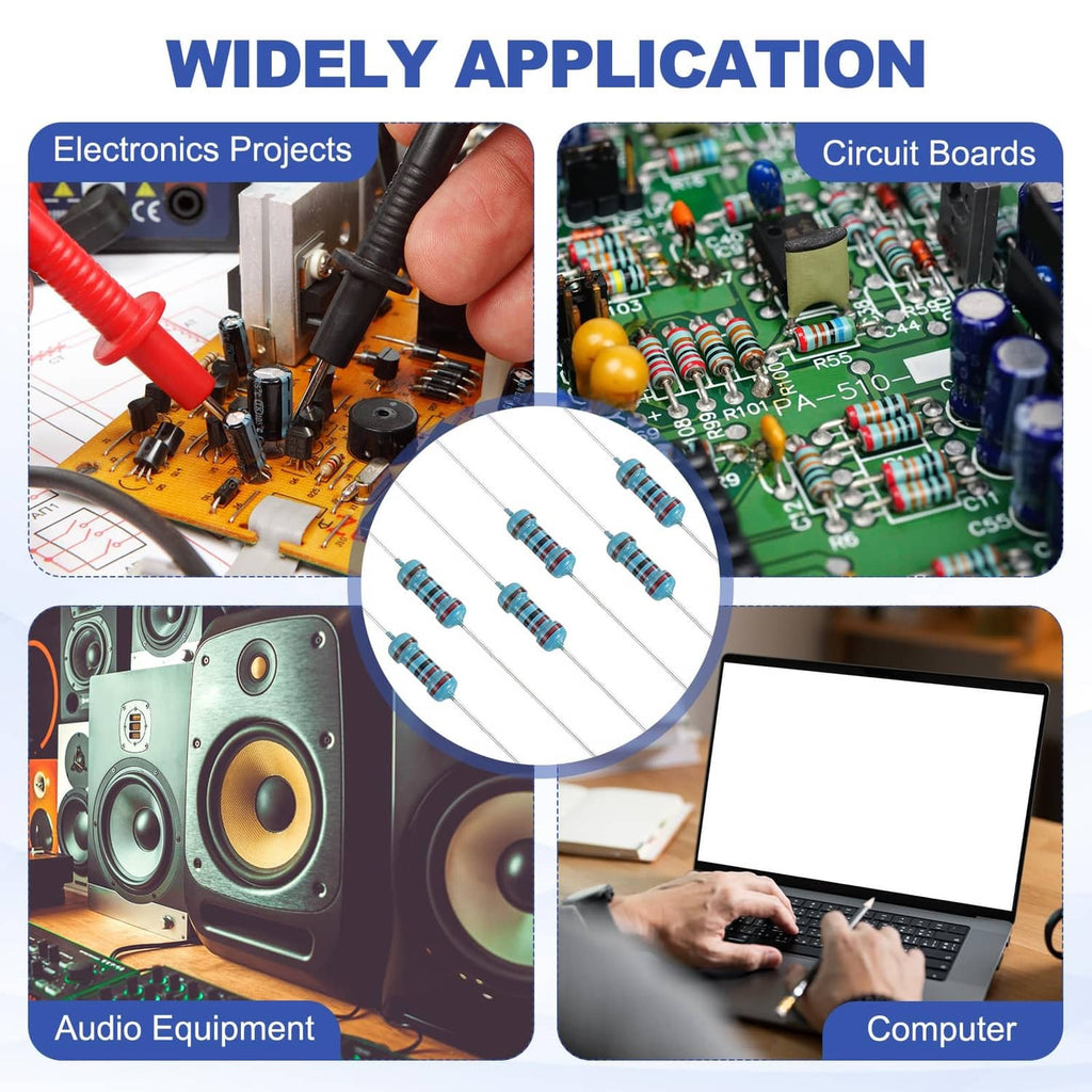 Assorted metal film resistors shown in application collage for electronics projects